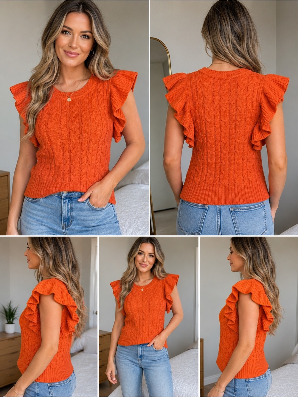 A New Day Orange Cable Knit Ruffle Sleeve Sweater XL